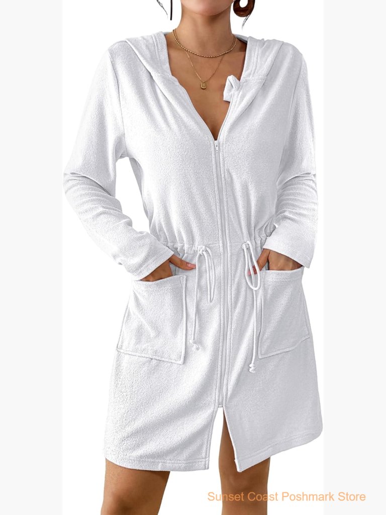 Terry Cloth Zip Up Hooded Swimsuit Coverup With Pockets